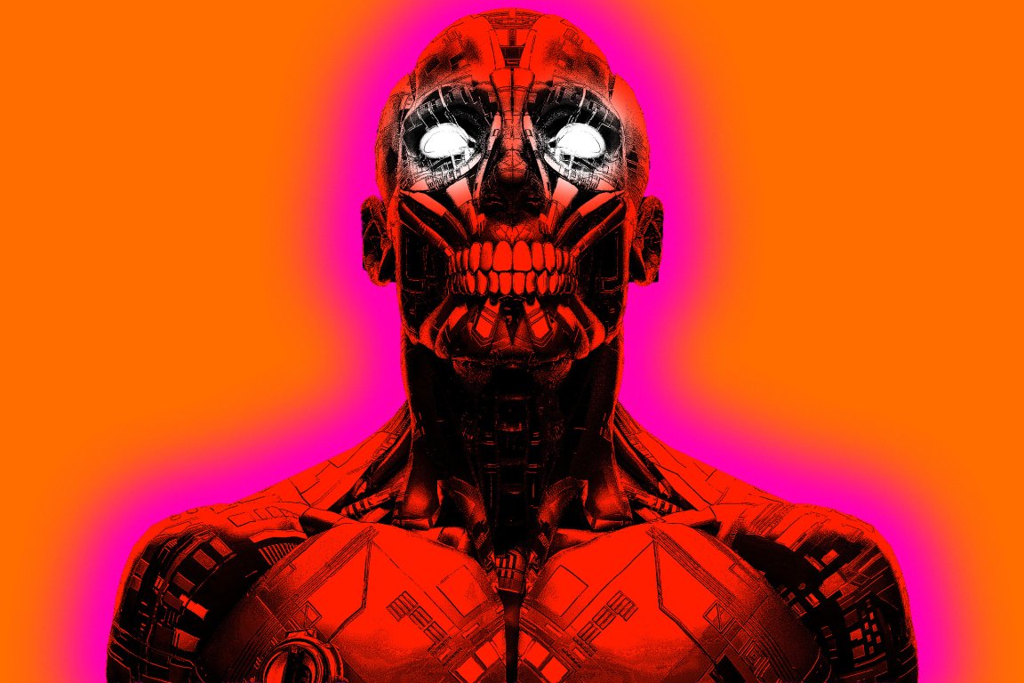 A futuristic robotic figure with a red and black mechanical design, featuring a skull-like face with glowing white eyes and detailed circuitry patterns. The background is a vibrant gradient of orange and pink, enhancing the intense and eerie appearance of the robot.