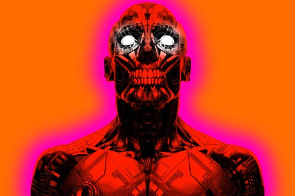 A futuristic robotic figure with a red and black mechanical design, featuring a skull-like face with glowing white eyes and detailed circuitry patterns. The background is a vibrant gradient of orange and pink, enhancing the intense and eerie appearance of the robot.
