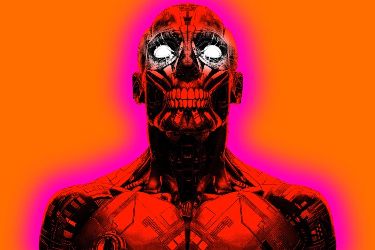 A futuristic robotic figure with a red and black mechanical design, featuring a skull-like face with glowing white eyes and detailed circuitry patterns. The background is a vibrant gradient of orange and pink, enhancing the intense and eerie appearance of the robot.