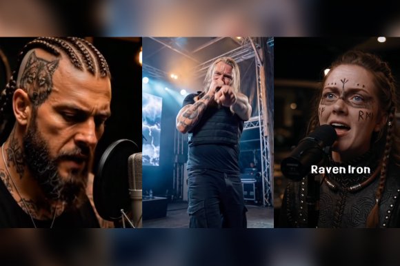 Three AI-generated viking rappers are shown in screenshots from videos uploaded to Facebook.