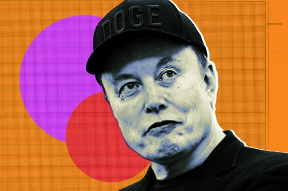 A stylized portrait of Elon Musk wearing a black cap with the word "DOGE" embroidered on it.