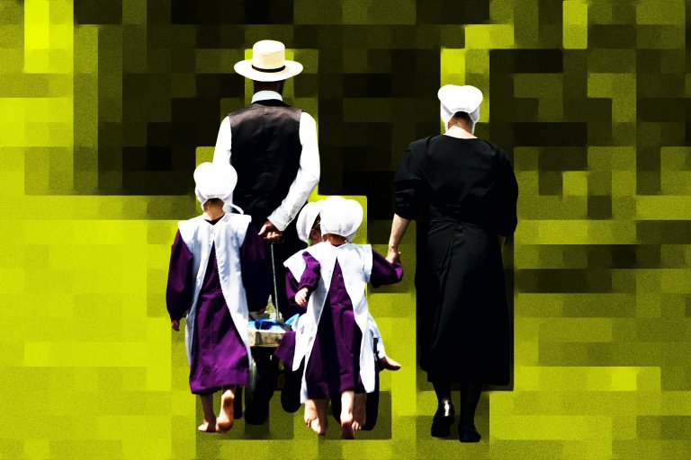 A family dressed in traditional Amish clothing is walking away from the camera. The man wears a white straw hat, white shirt, and black vest, while the woman is in a long black dress with a white bonnet. Three children, barefoot and wearing purple dresses with white aprons and bonnets, accompany them. The background is a pixelated green and yellow pattern.