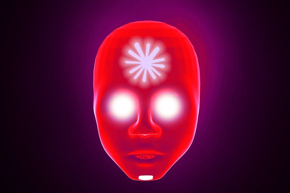 A glowing red humanoid face with bright white eyes and the Claude symbol on its forehead, set against a dark purple background. The face has a smooth, almost mask-like appearance with subtle facial features.