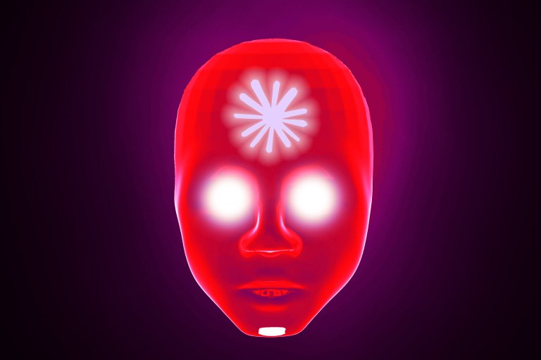 A glowing red humanoid face with bright white eyes and the Claude symbol on its forehead, set against a dark purple background. The face has a smooth, almost mask-like appearance with subtle facial features.