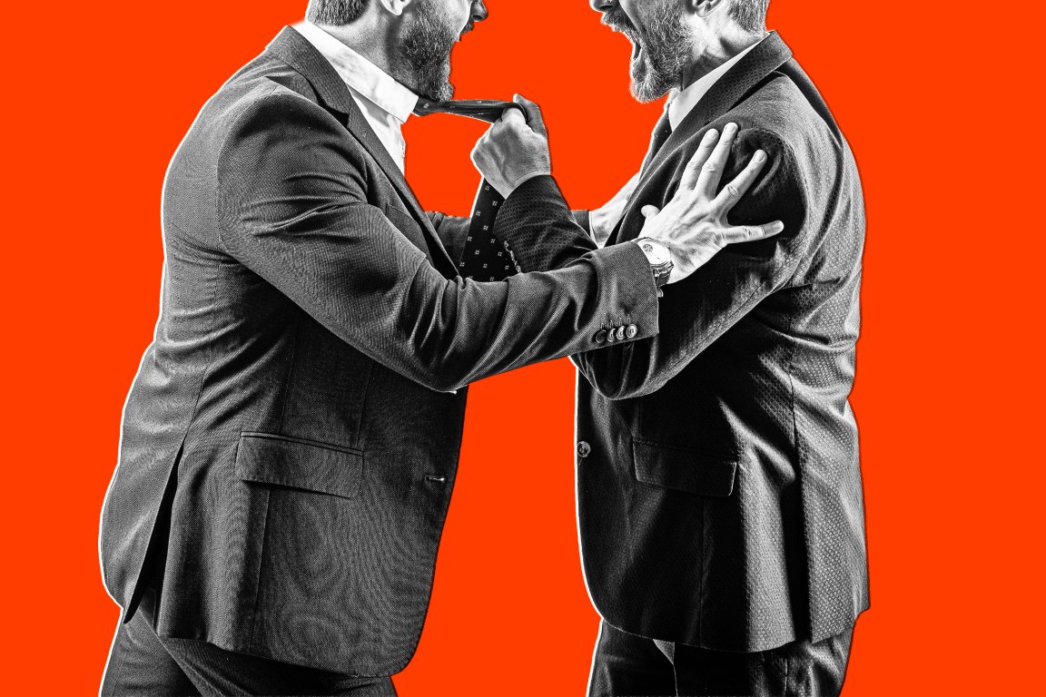 Two men in suits are engaged in a heated argument, with one man grabbing the other's tie and the other pushing against his shoulder. Both have beards and are shouting at each other against a bright orange background.