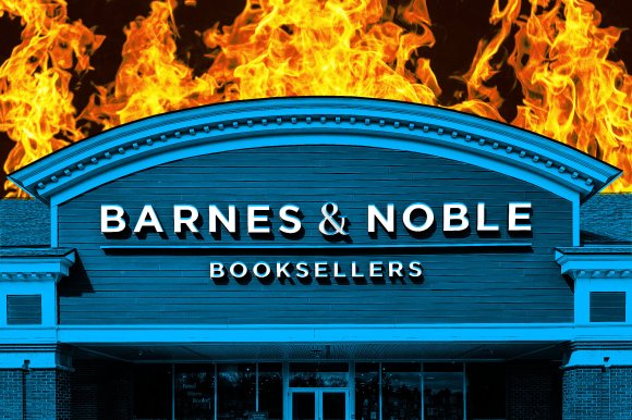 Barnes & Noble bookstore facade with large flames in the background, creating a dramatic contrast with the building's blue-toned exterior.