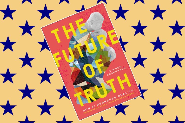 The book cover titled "The Future of Truth" by Steven Rosenbaum features a colorful, geometric abstract figure resembling Rodin's "The Thinker" statue on a red background. The subtitle reads "How AI Reshapes Reality," with a foreword by Nobel Laureate Maria Ressa. The cover is set against a beige background with a pattern of dark blue stars.