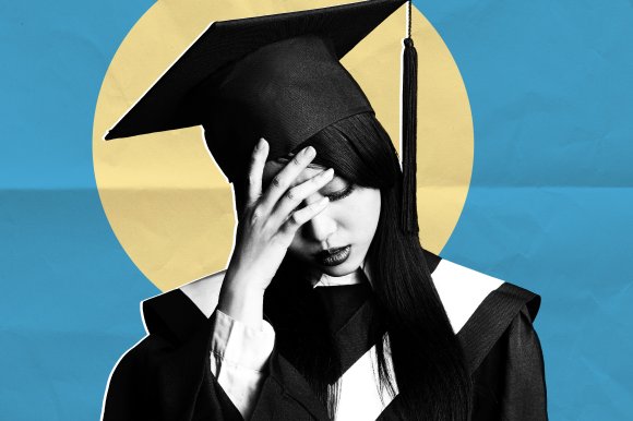A young woman wearing a graduation cap and gown, with her hand on her forehead and eyes closed, against a blue background with a large yellow circle behind her head.