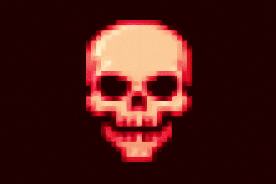 An illustration of a skull that is pixelated and smiling, bathed in red and orange light and smoothed to a shine, as if built into three-dimensional blocks. Filtered with a fine grain overlay.