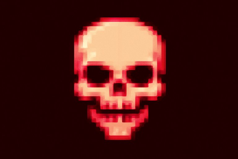 An illustration of a skull that is pixelated and smiling, bathed in red and orange light and smoothed to a shine, as if built into three-dimensional blocks. Filtered with a fine grain overlay.