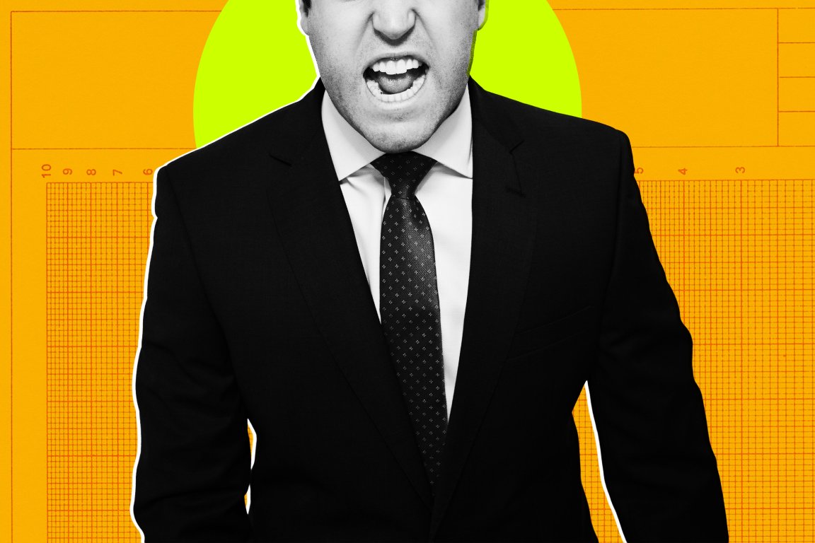 Man in a black suit and patterned tie, shown from the shoulders down, with an open mouth as if shouting or speaking loudly. The background is bright orange with a green circle behind his head and grid-like patterns.