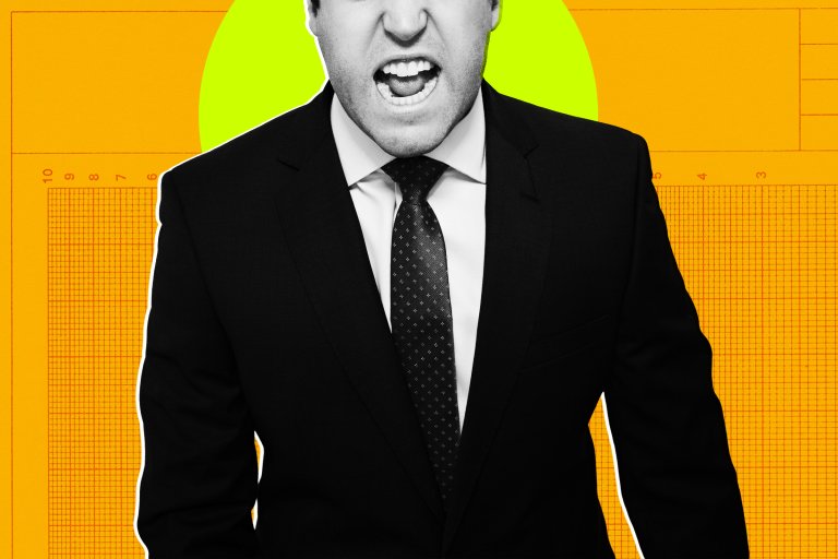 Man in a black suit and patterned tie, shown from the shoulders down, with an open mouth as if shouting or speaking loudly. The background is bright orange with a green circle behind his head and grid-like patterns.