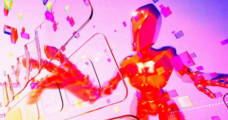 A shiny, futuristic humanoid robot with a smooth, reflective surface in shades of red and orange is surrounded by floating translucent squares and rectangular shapes in vibrant pink, purple, and yellow hues. The background is a gradient of soft pink and purple, creating a surreal, digital atmosphere. The robot's form is sleek and abstract, with no facial features, emphasizing a modern, high-tech aesthetic.