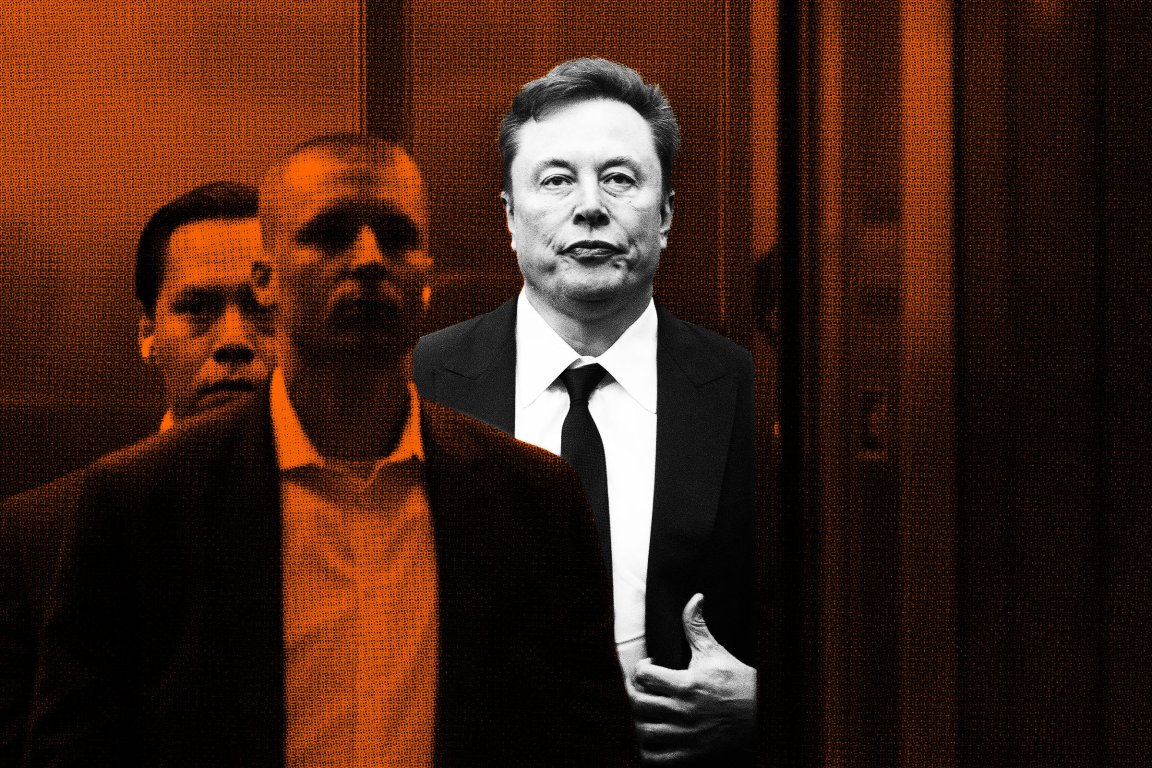 Potret Elon Musk dengan efek warna koran di atas latar belakang oranye