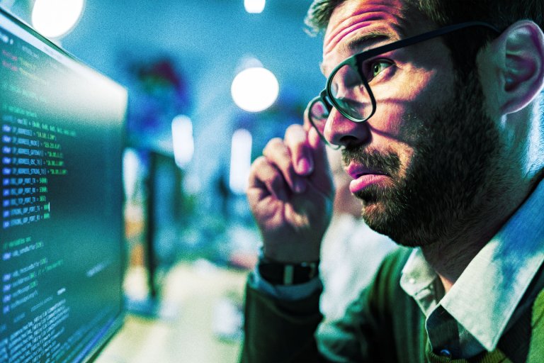 Close-up of a man with glasses and a beard intently looking at a computer screen displaying lines of code, with a blurred office background featuring bright circular lights.