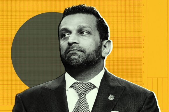 Kash Patel is shown against a yellow background with grid lines and a large dark circle. The image has a stylized, cut-out effect with a white outline around him.