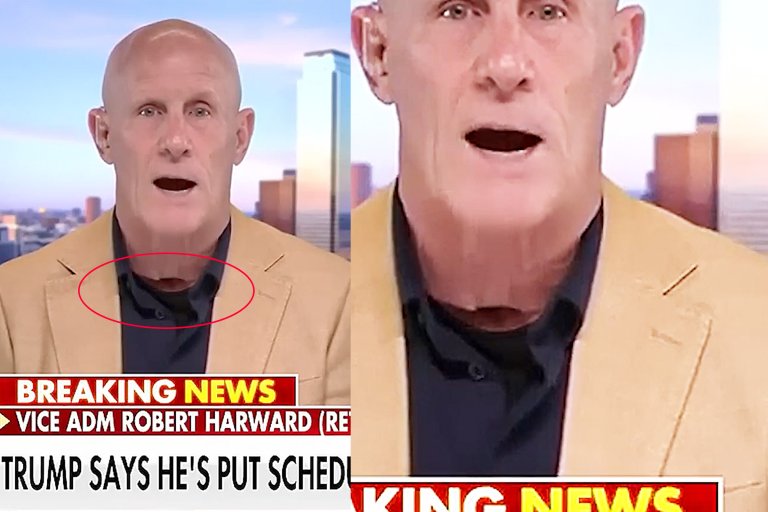 A man with a bald head is wearing a beige blazer over a dark shirt on Fox News. There is a strange gap under his neck, making it look as though he might be wearing a realistic mask.