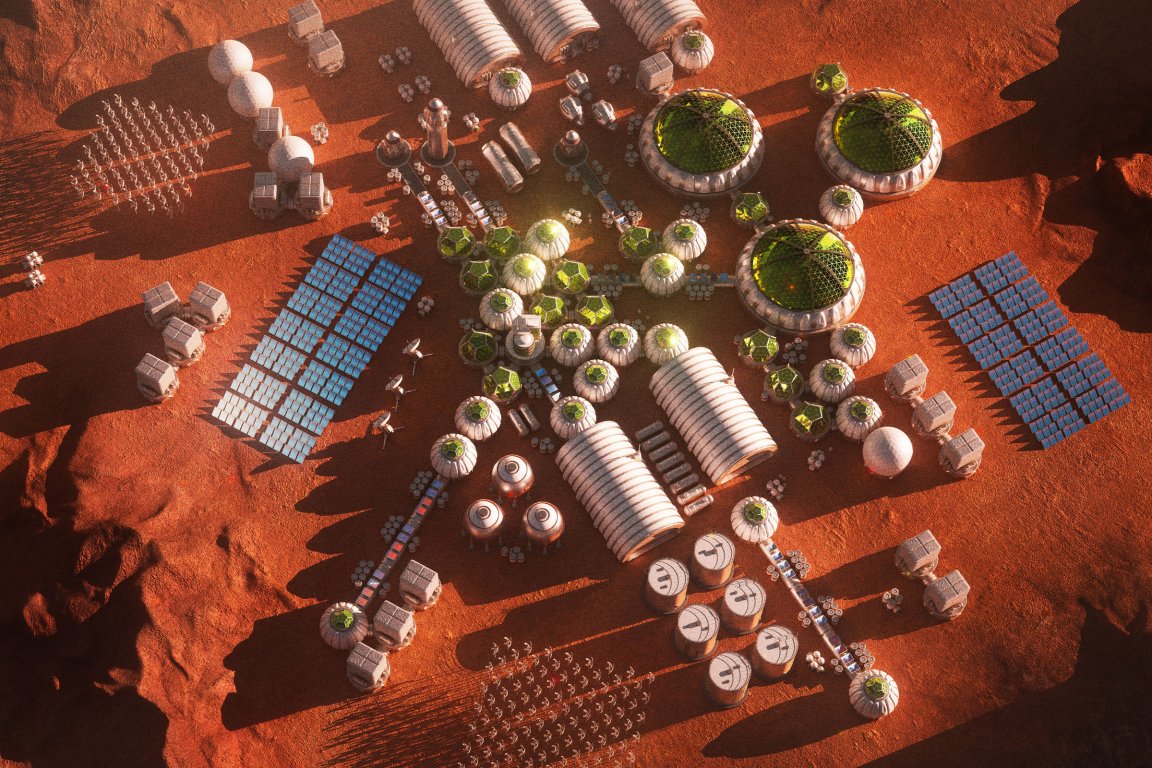 An illustration of a Martian colony featuring greenhouses and other structures on the surface of Mars.