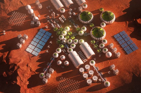An illustration of a Martian colony featuring greenhouses and other structures on the surface of Mars.