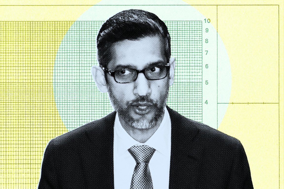 Google CEO Sundar Pichai is shown looking slightly to the side. The background features a yellow and light blue color scheme with a grid and numerical markings, resembling a graph or chart.