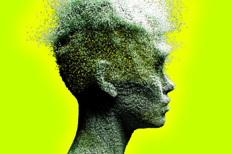 A digital art profile of a human head composed of numerous small square pixels, with the upper part of the head dissolving into scattered pixels. The figure is rendered in shades of black, white, and green against a bright yellow-green gradient background.