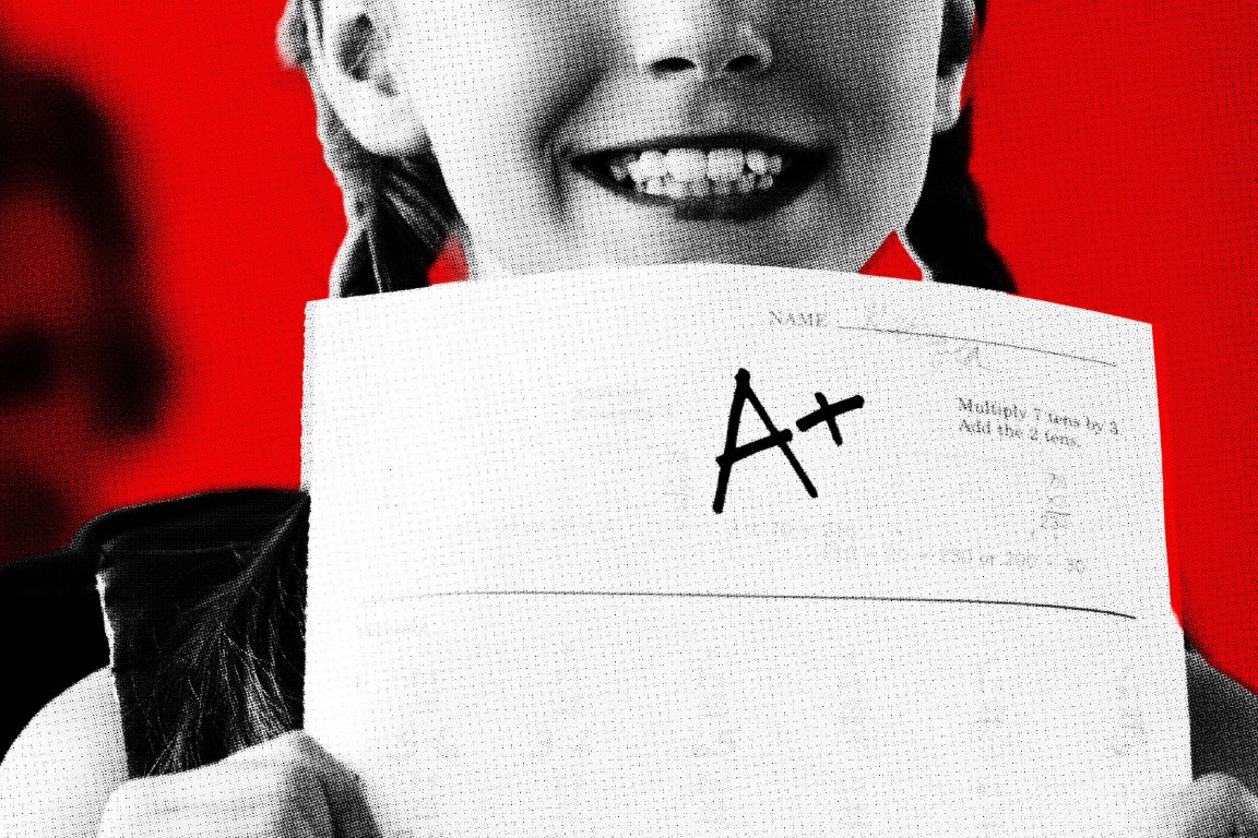 A smiling child with braided hair holds up a paper showing a large "A+" grade. The image is stylized with a halftone dot effect and a bright red background.
