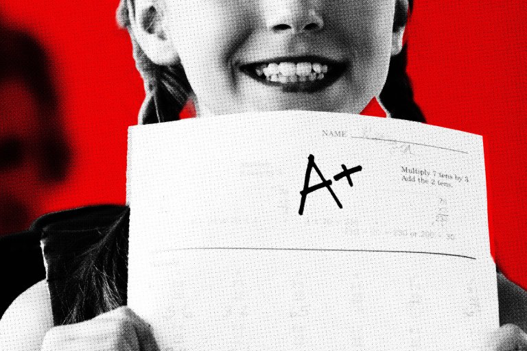 A smiling child with braided hair holds up a paper showing a large "A+" grade. The image is stylized with a halftone dot effect and a bright red background.