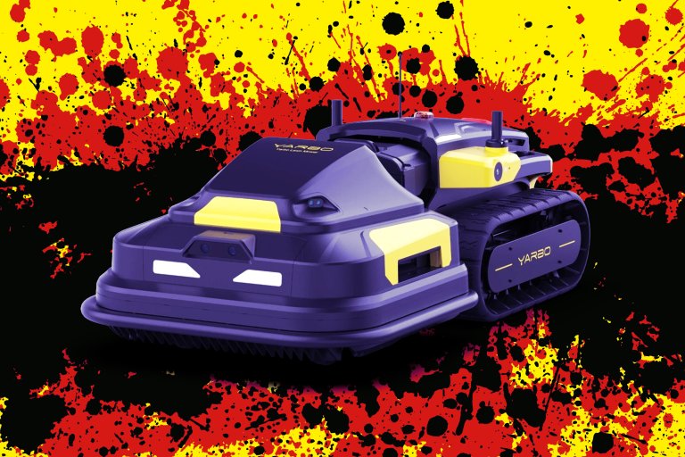 An illustration shows a Yarbo smart lawnmower surrounded by dramatic coloring.