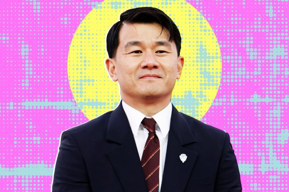 A photograph of actor and comedian Ronny Chieng set against a purple and blue backdrop.