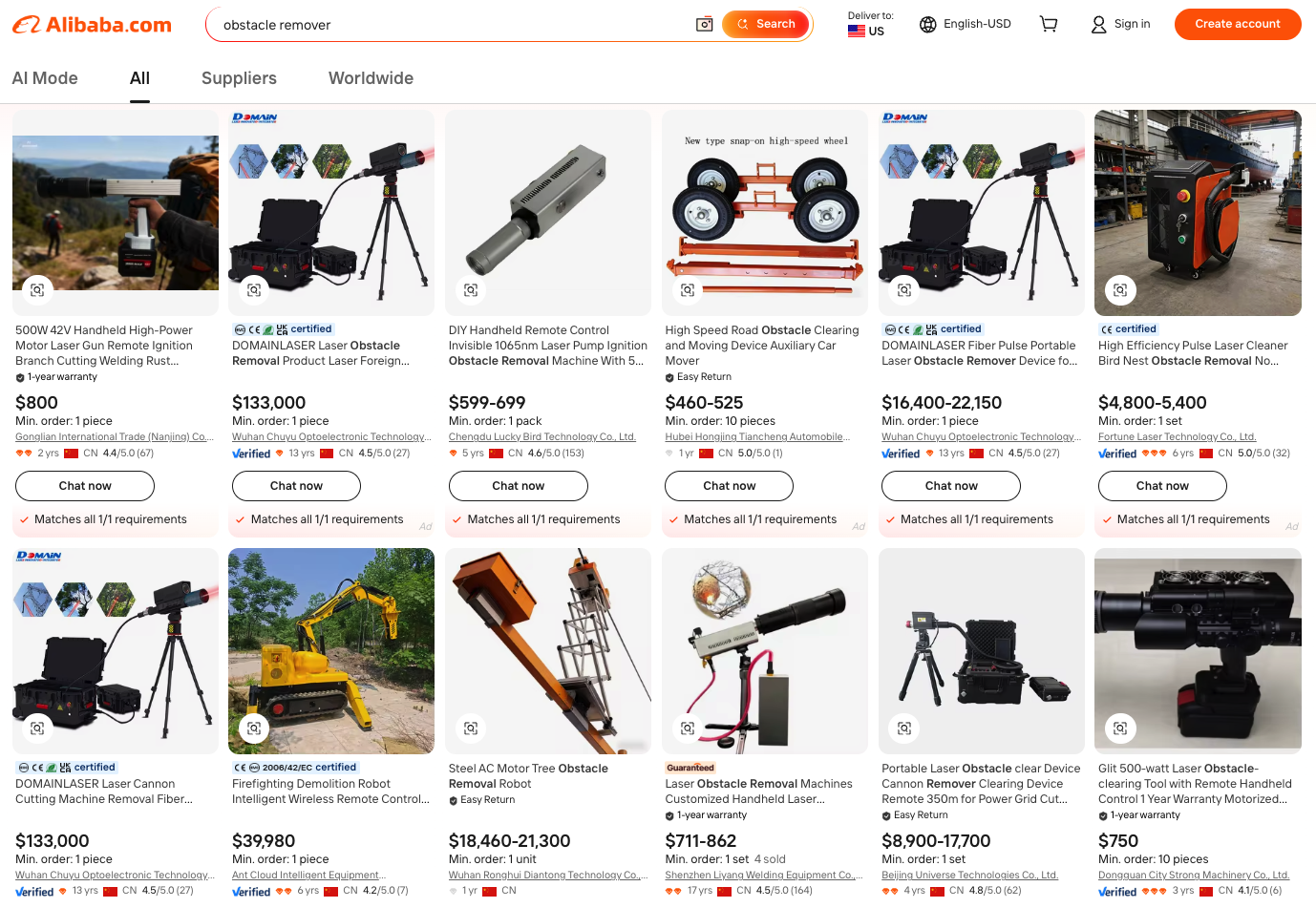 A screenshot of a search for "obstacle remover" on Alibaba.com, which turned up several hand-held and tripod-mounted laser systems.
