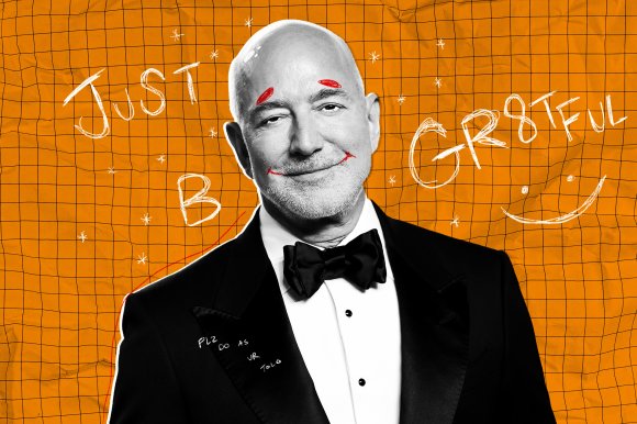 A black and white portrait of Jeff Bezos in a tuxedo with a bow tie, set against an orange background with a grid pattern. The man has red doodles on his face, including eyebrows and a smile. White handwritten text around him reads "Just B GR8TFUL" with a smiley face, and smaller text on his jacket says "PLZ DO AS UR TOLD." Small white star-like doodles are scattered across the background.