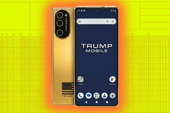 A gold-colored smartphone with "TRUMP MOBILE" displayed on the screen.