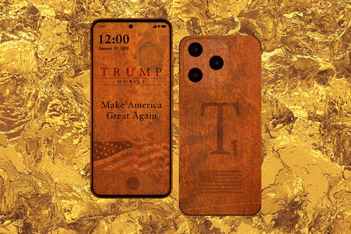 Two Trump Mobile smartphones with a rusty, weathered texture are displayed against a gold, crumpled metallic background.