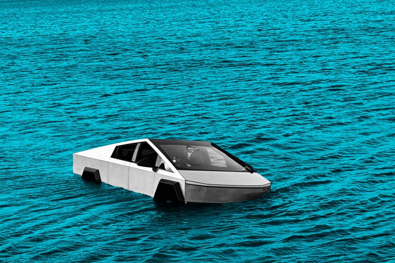A silver Tesla Cybertruck partially submerged in blue water, appearing to float like a boat. The vehicle's angular, futuristic design contrasts with the natural water surface.