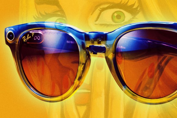 Close-up of blue-framed Ray-Ban smart glasses with orange-tinted lenses, reflecting a scene. A faint, stylized image of a face with wide green eyes is visible in the yellow background behind the glasses.