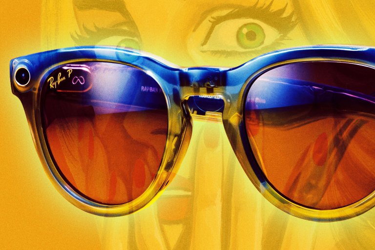 Close-up of blue-framed Ray-Ban smart glasses with orange-tinted lenses, reflecting a scene. A faint, stylized image of a face with wide green eyes is visible in the yellow background behind the glasses.