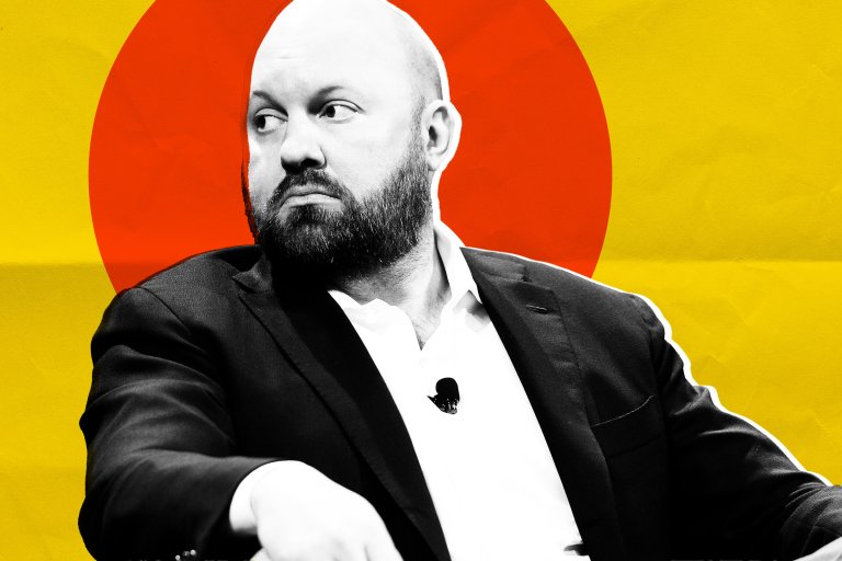 An illustration shows Marc Andreessen wearing a black suit jacket and white shirt, looking to his left. The background features a large red circle on a yellow backdrop, with a white outline around Andreessen.