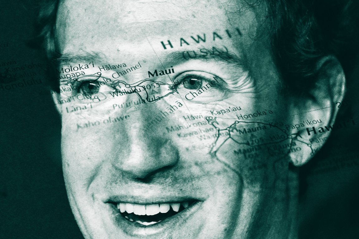 Close-up of Mark Zuckerberg's smiling face with a semi-transparent overlay of a map of Hawaii, showing islands such as Maui, Moloka'i, and Hawaii, along with place names and channels. The image has a greenish tint.