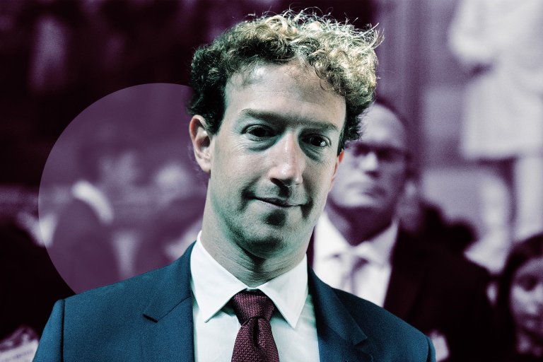 Mark Zuckerberg is shown wearing a dark suit, white shirt, and maroon tie while smiling slightly. The background is blurred with several indistinct people, one of whom is wearing glasses and a suit. The overall tone of the image has a cool, bluish tint.