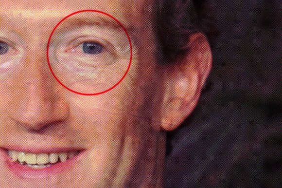 Close-up of Mark Zuckerberg's face focusing on his right eye, which is circled in red. The image has a halftone dot pattern effect, giving it a printed or screen-printed appearance.