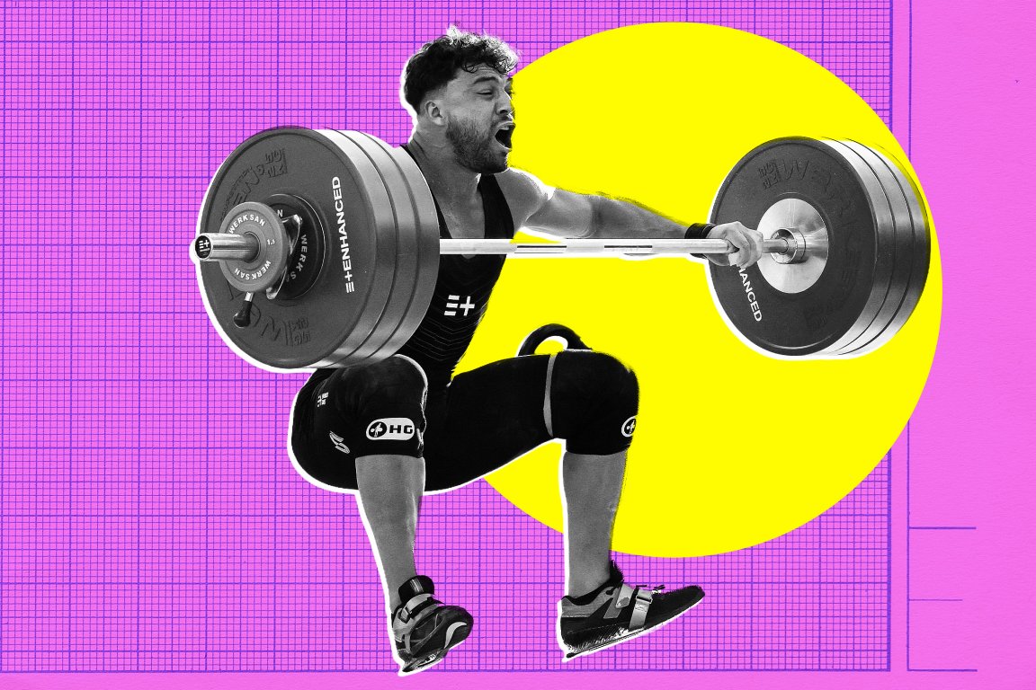A man is performing a deep squat while holding a heavily loaded barbell across his shoulders. He is wearing a black weightlifting singlet, knee sleeves, and lifting shoes. The background features a bright yellow circle on a purple grid pattern. The image has a high-contrast, stylized look.