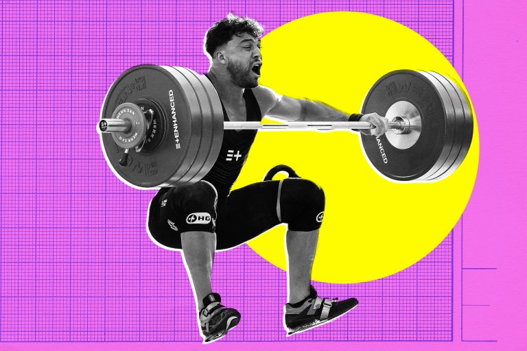 A man is performing a deep squat while holding a heavily loaded barbell across his shoulders. He is wearing a black weightlifting singlet, knee sleeves, and lifting shoes. The background features a bright yellow circle on a purple grid pattern. The image has a high-contrast, stylized look.