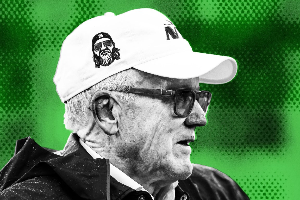 Illustration featuring a black and white photo of Jets owner Woody Johnson over a field of green.