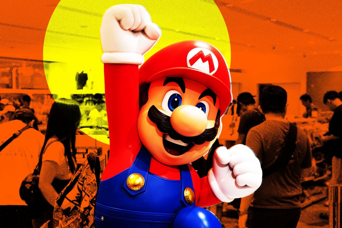 A vibrant image of Mario from the Super Mario video game series, wearing his iconic red hat with an "M," red shirt, blue overalls with gold buttons, and white gloves, raising one fist in the air. The background shows a crowd of people in an indoor setting, with an orange and yellow color overlay.