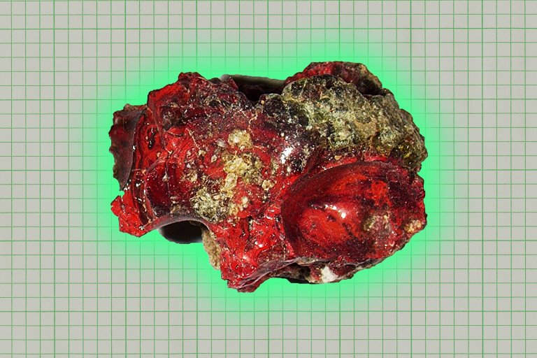A rough, irregularly shaped mineral or rock specimen with a glossy surface, predominantly red with patches of greenish and yellowish areas. The background is a grid pattern.
