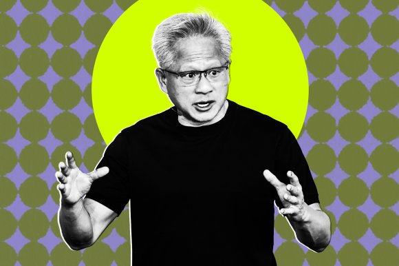 A black and white photograph of Nvidia CEO Jensen Huang cut out and color treated in an off-set screenprint style against a patterned background of lavender and olive green.