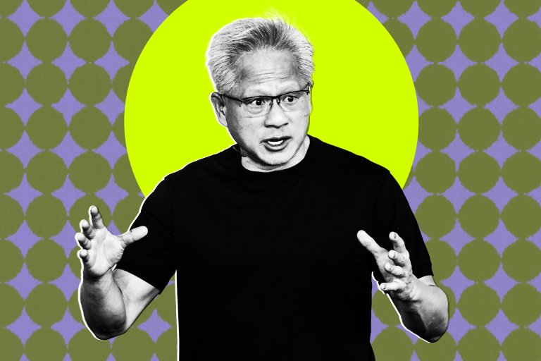 A black and white photograph of Nvidia CEO Jensen Huang cut out and color treated in an off-set screenprint style against a patterned background of lavender and olive green.