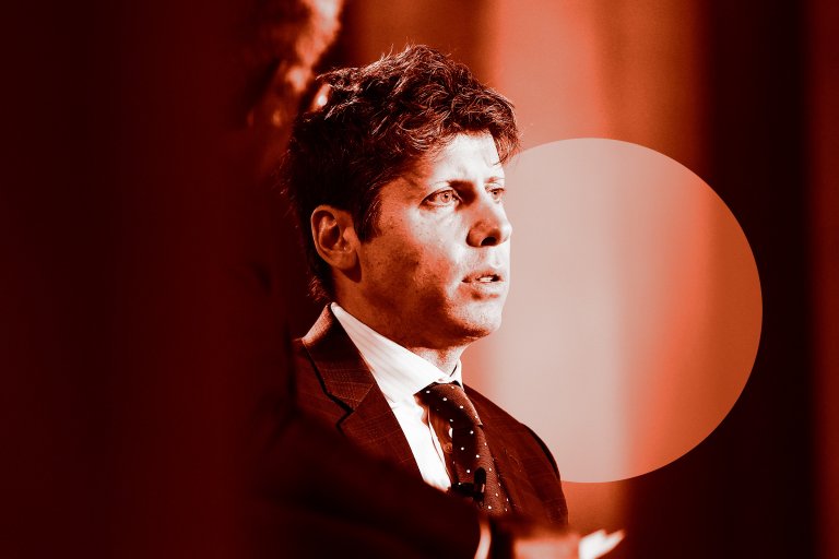 OpenAI CEO Sam Altman is shown with a serious expression. The background features a large, blurred circular light or design element. The image has a reddish-orange tint.