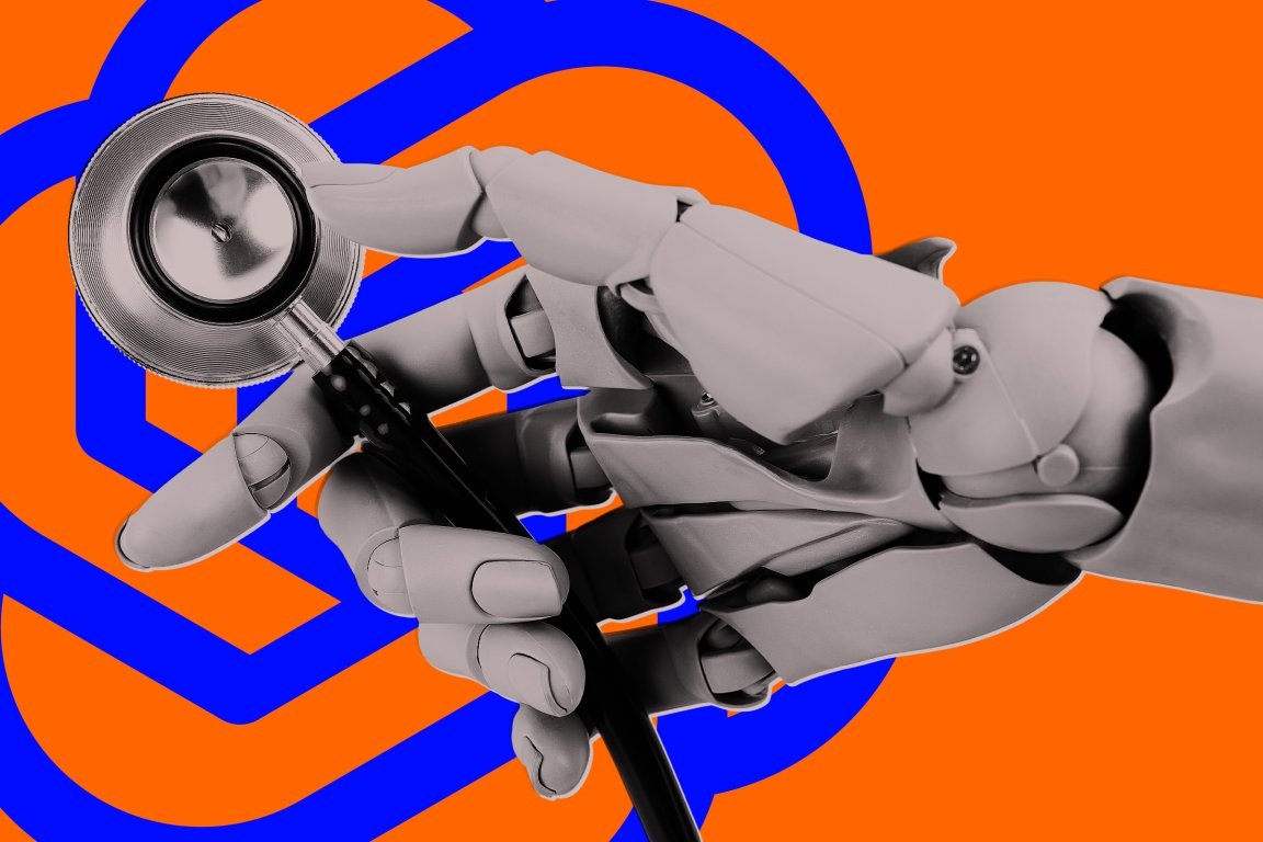 A robotic hand holding a stethoscope against an orange background with the OpenAI logo.