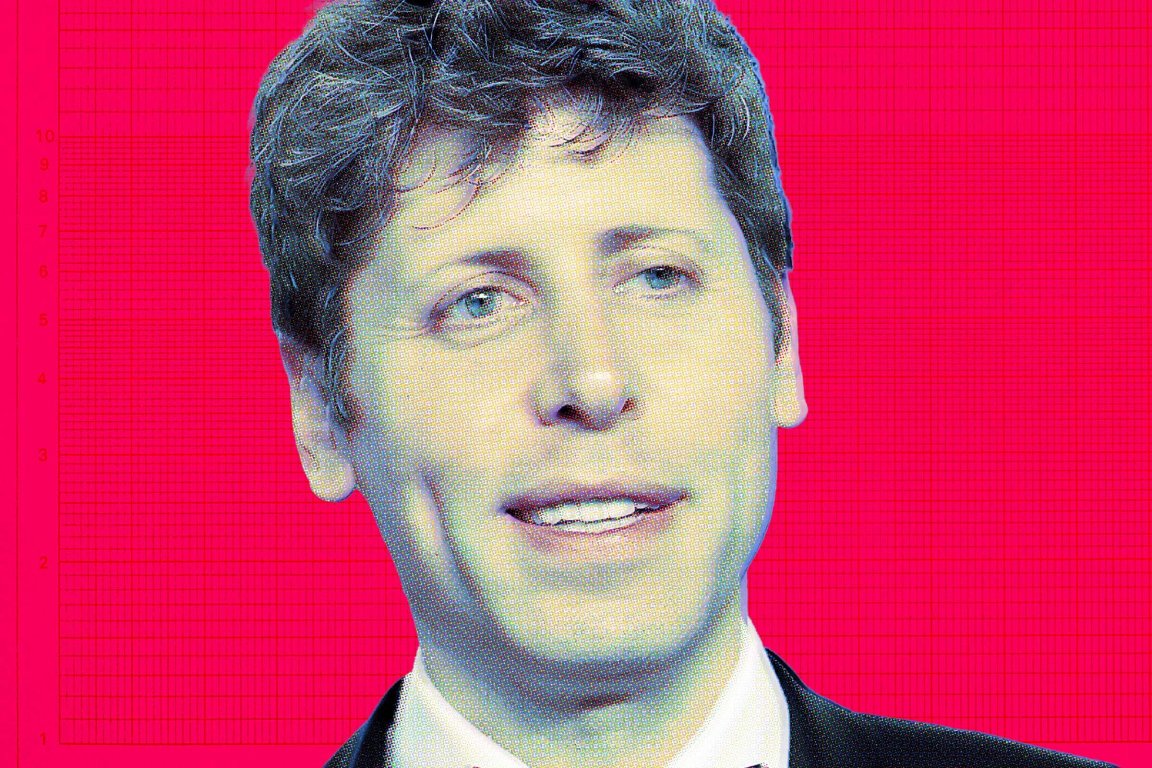 A close-up portrait of OpenAI CEO Sam Altman. The image has a stylized, digital effect with visible pixelation and color overlays.